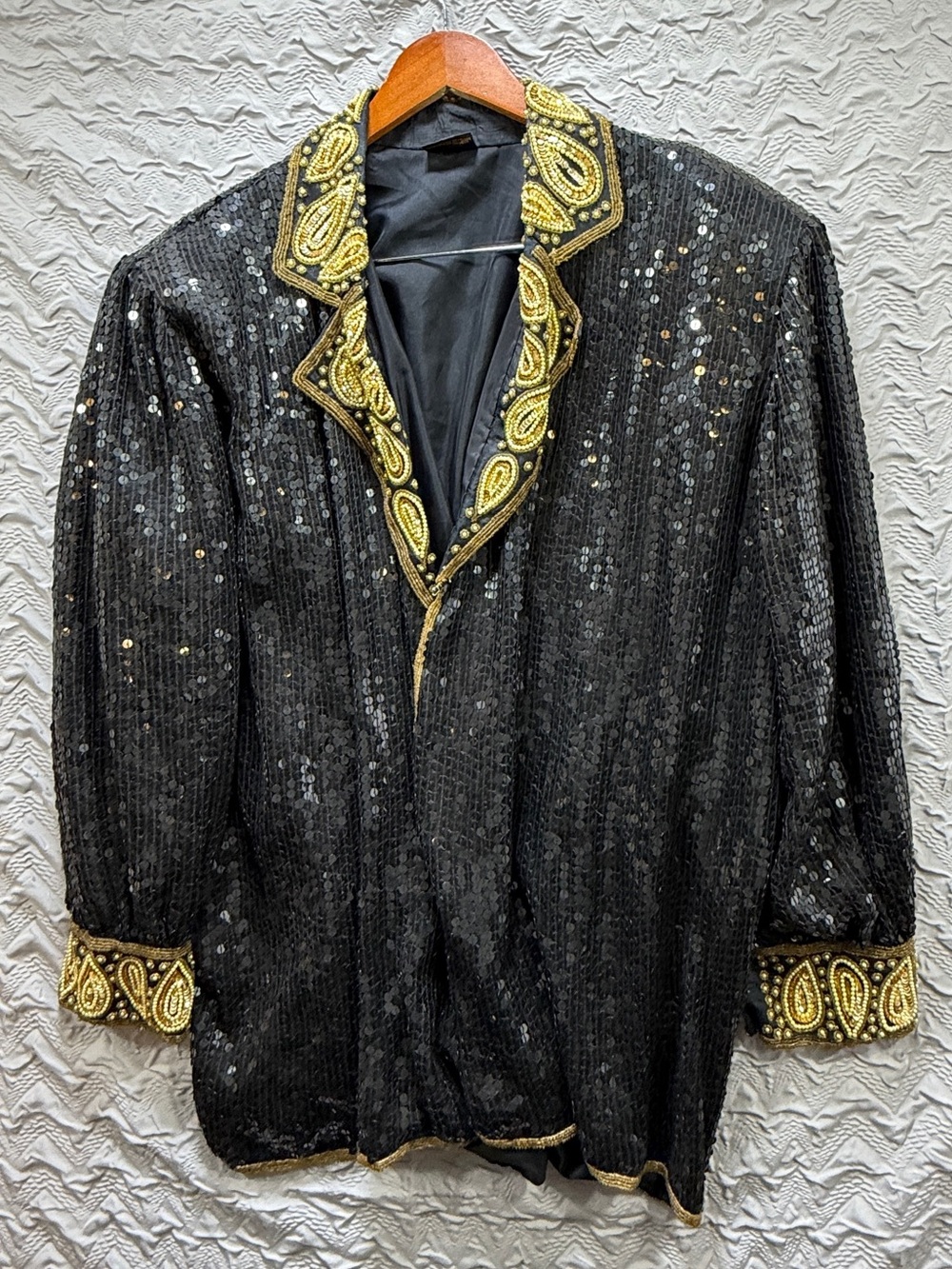 Vintage 3X Black Silk Sequin Beaded Gold Paisley Evening Jacket Blazer costume